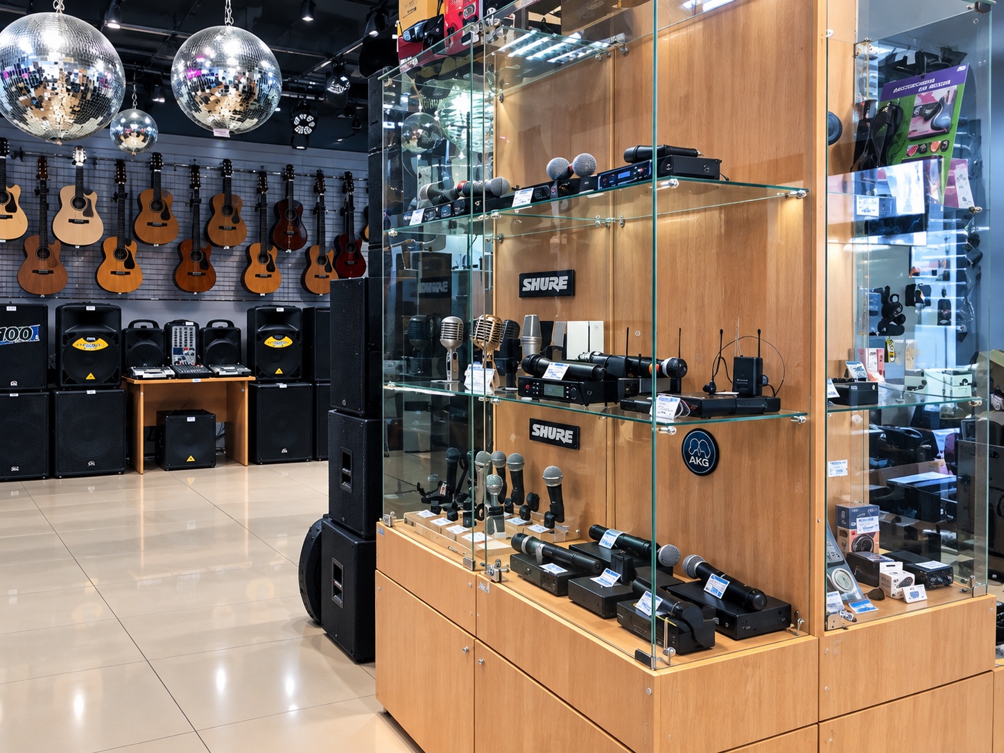 Витрина с радиосистемами и микрофонами Shure и AKG в шоу-руме Росс-Арт